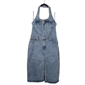 Universal Thread Denim Overall Dress Womens 14 Blue Halter Midi Zip Pockets NEW